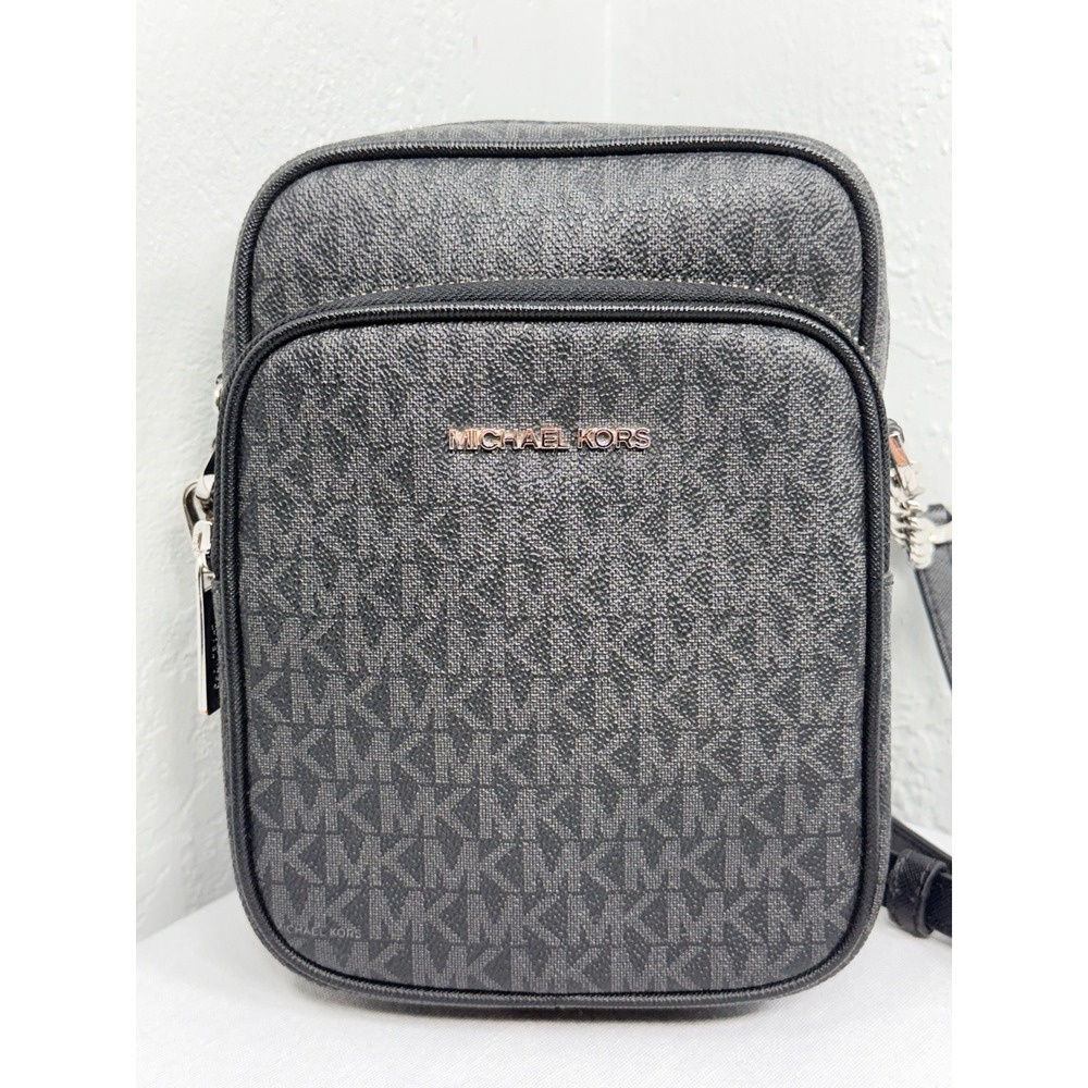 Michael Kors Jet Set Travel Flight Bag Black Grey Monogram Crossbody 35F1STVC2B